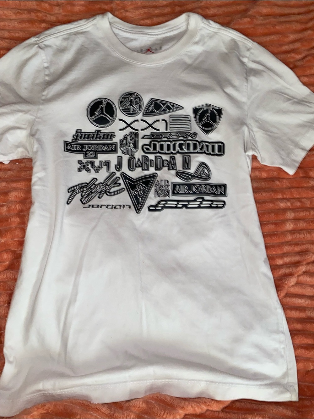 Jordan White Shorty Sleeve Tee with Black Graphic Logos like new
